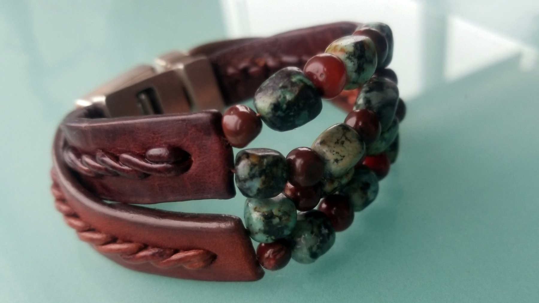 Kuende Leather Bracelet | African Turquoise & Red Carnelian Stone Braided Bracelet in Tobacco Aztec Leather (bottom) and Cognac Aztec Leather (top)