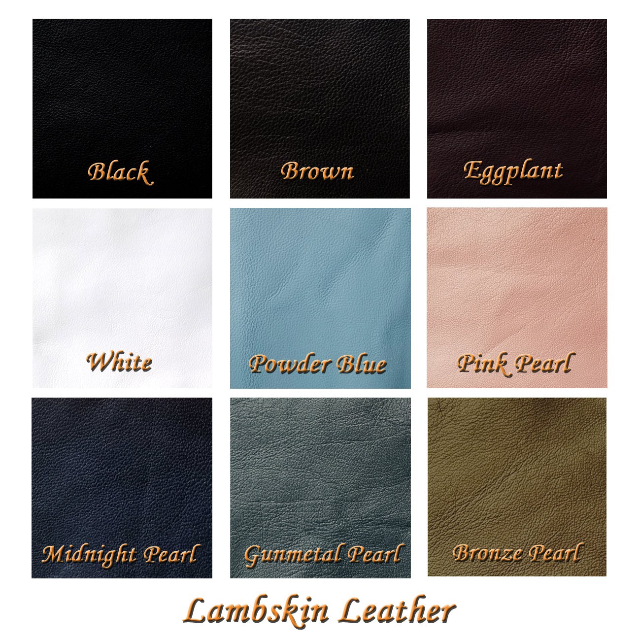 Draak Dice Bag Lambskin Leather options; Black, Brown, Eggplant, White, Powder Blue, Pink Pearl, Midnight Pearl, Gunmetal Pearl, Bronze Pearl.