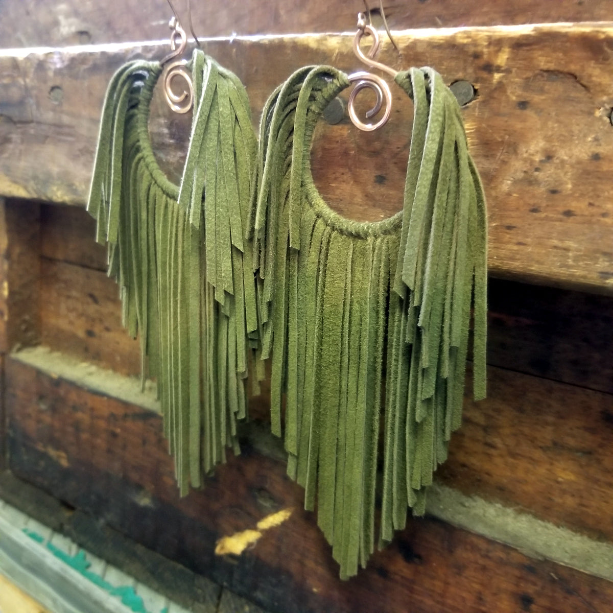 Latifah Long Luxury Goatsuede Fringe Hoop Earrings Moss Green close up