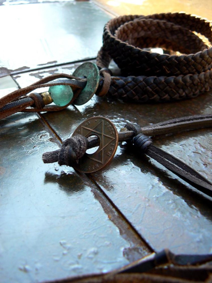 Powa Aquamarine African Glass & Brass Coil Beaded Adjustable Leather Bracelet with British Coin Accent