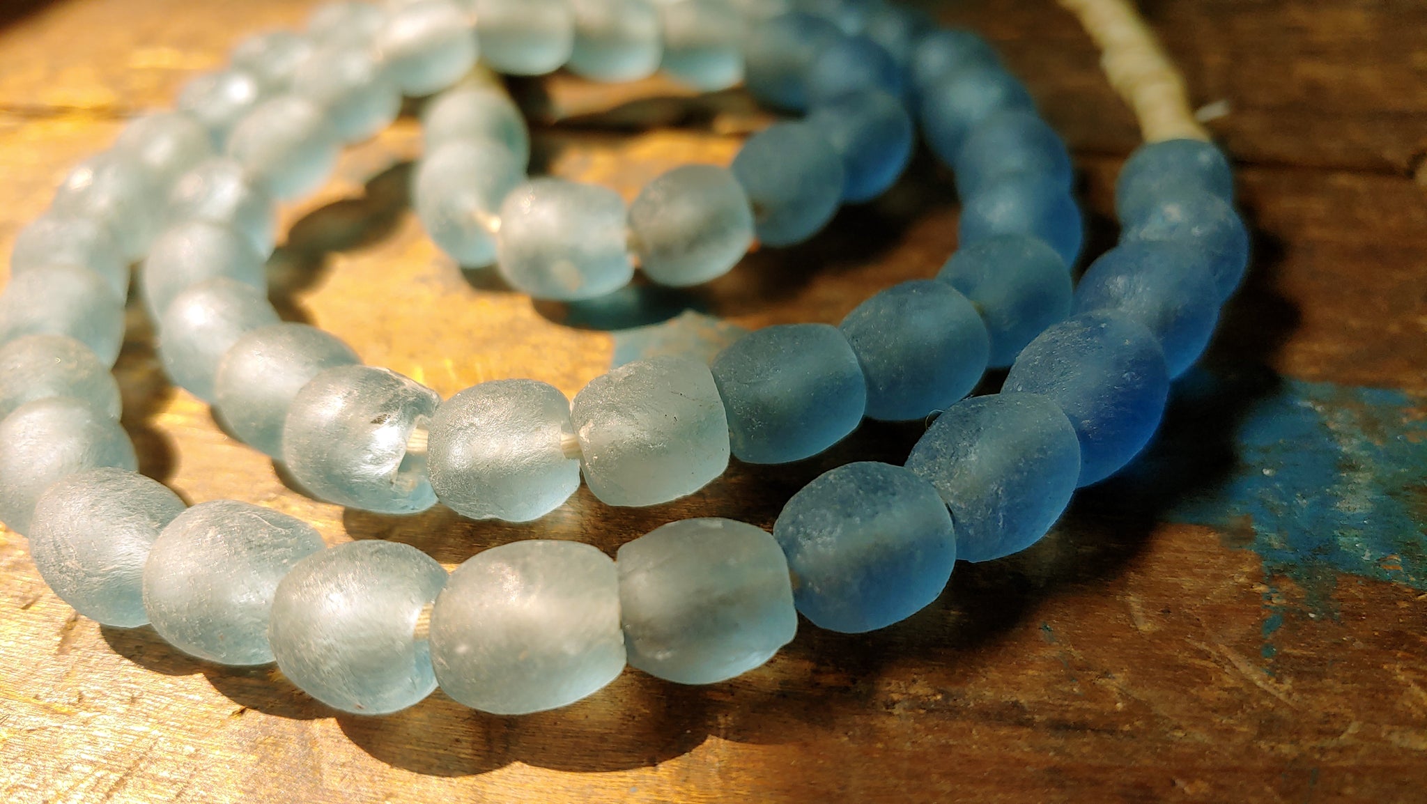 Light Blue Beads; Recycled Glass, 9mm Round, Large Hole, African Beads, 20-inch Strand, 55 Beads, Jewelry Making Supplies, Made in Ghana