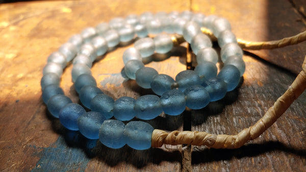 Light Blue Beads; Recycled Glass, 9mm Round, Large Hole, African Beads, 20-inch Strand, 55 Beads, Jewelry Making Supplies, Made in Ghana