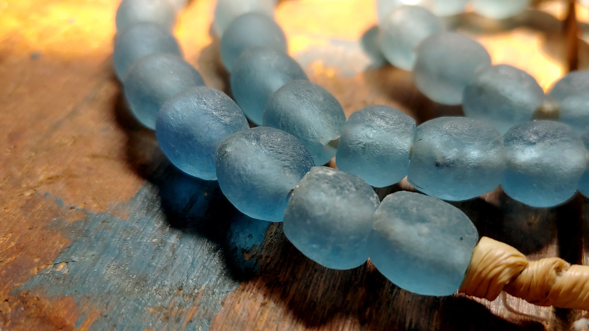 Light Blue Beads; Recycled Glass, 9mm Round, Large Hole, African Beads, 20-inch Strand, 55 Beads, Jewelry Making Supplies, Made in Ghana