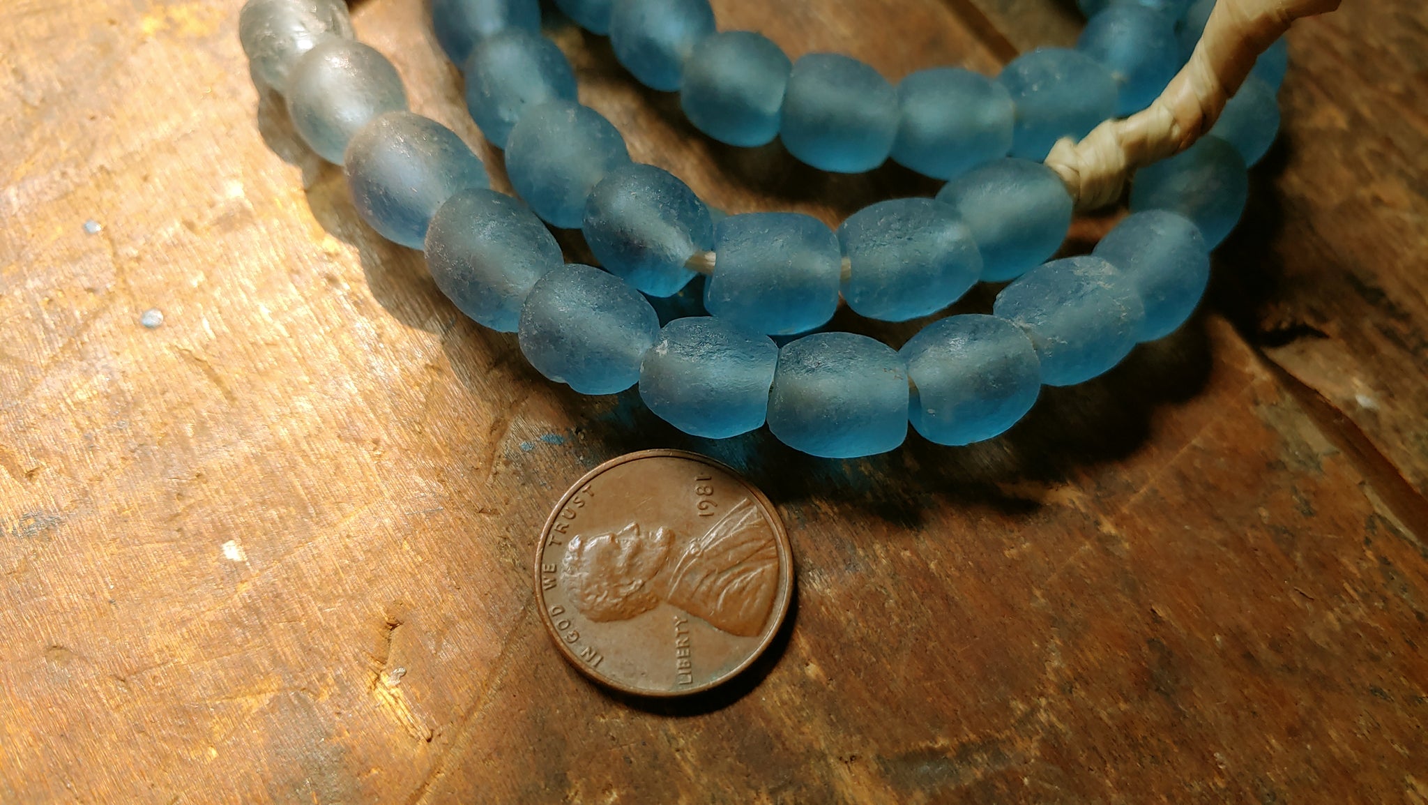 Light Blue Beads; Recycled Glass, 9mm Round, Large Hole, African Beads, 20-inch Strand, 55 Beads, Jewelry Making Supplies, Made in Ghana