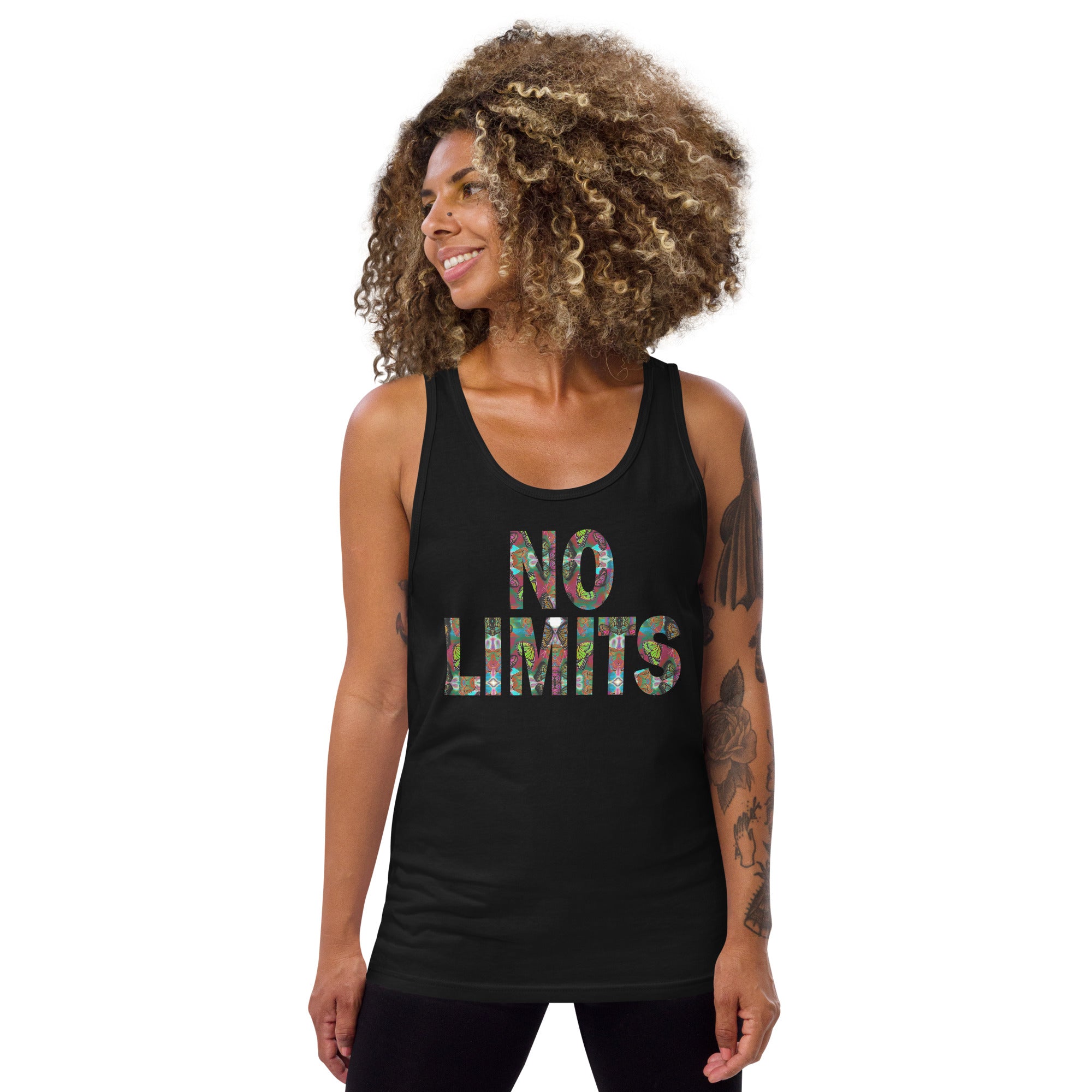NO LIMITS ~ Unisex Graphic Tank Top, Butterfly Word Art No Sleeve Tee