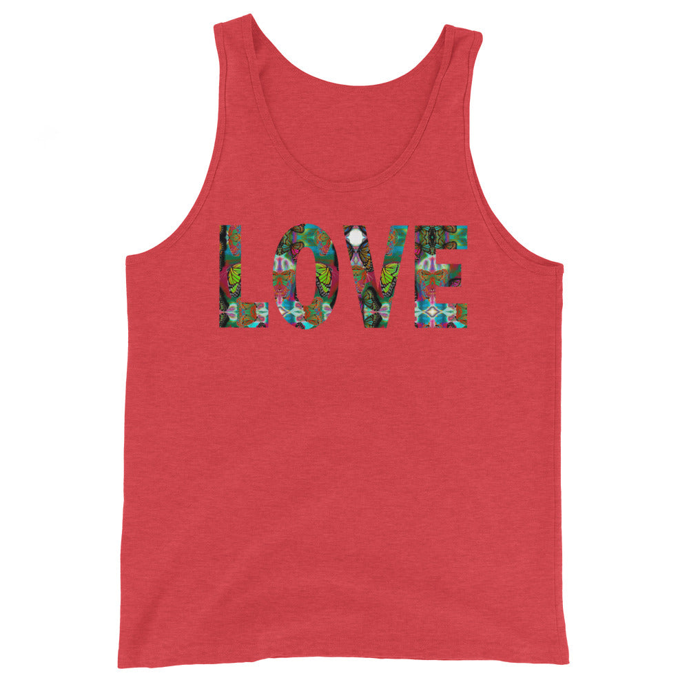 LOVE ~ Unisex Graphic Tank Top, Butterfly Word Art No Sleeve Shirt
