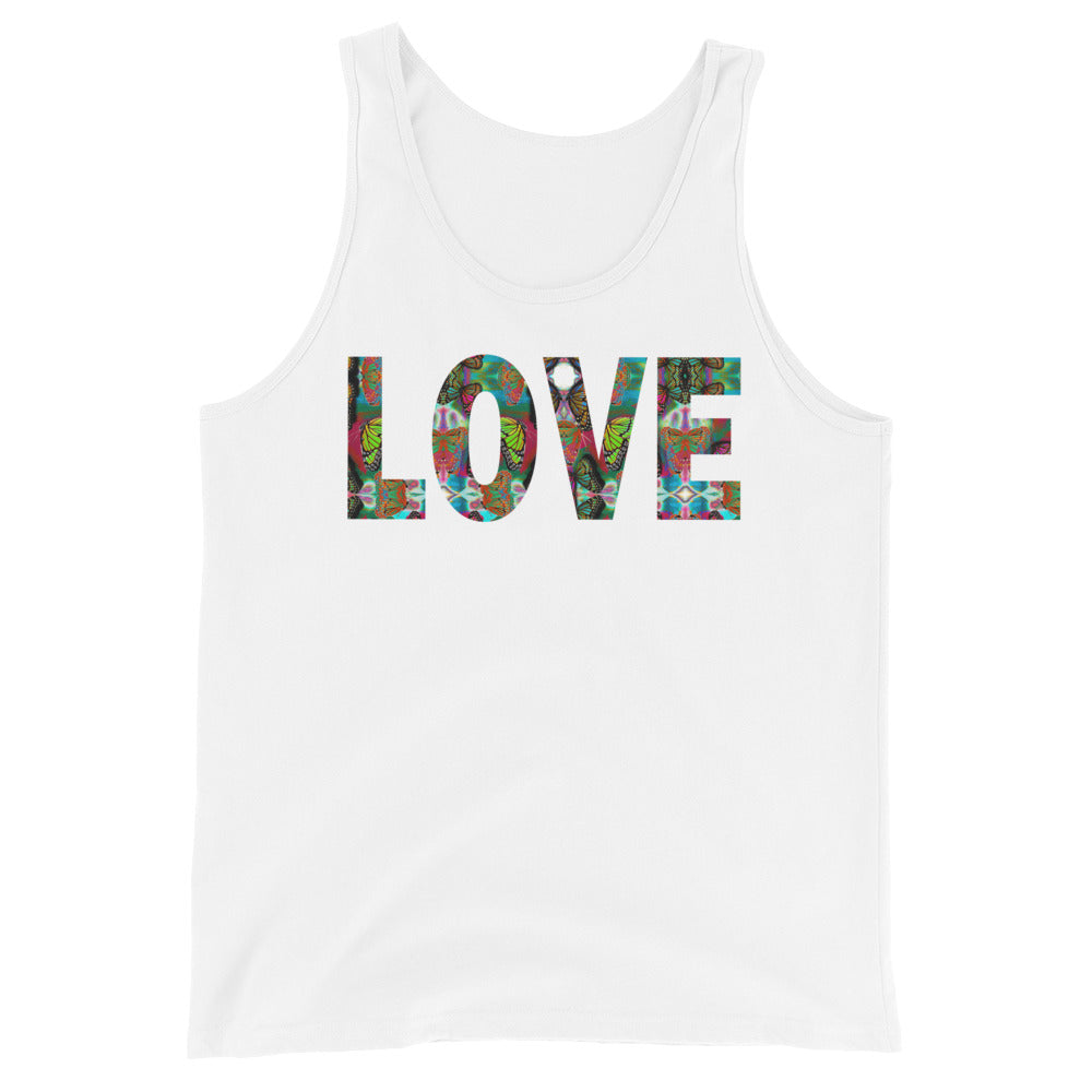 LOVE ~ Unisex Graphic Tank Top, Butterfly Word Art No Sleeve Shirt