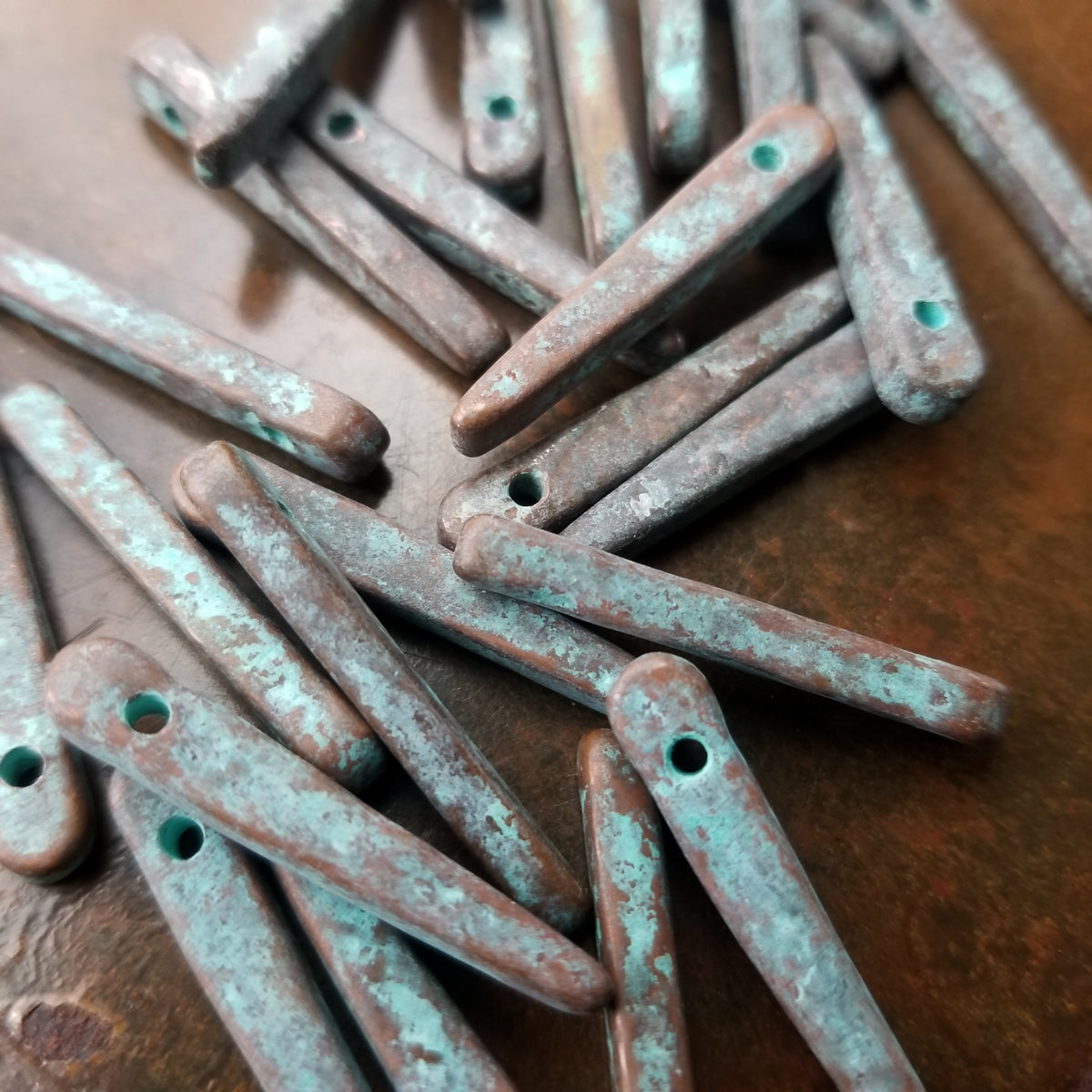 Spike Beads, 30mm x 5mm Mykonos Stick Beads, 4, 8 or 12 pieces, Verde Gris Green Rustic Patina Daggers, Bronze/Copper Jewelry Making Supply