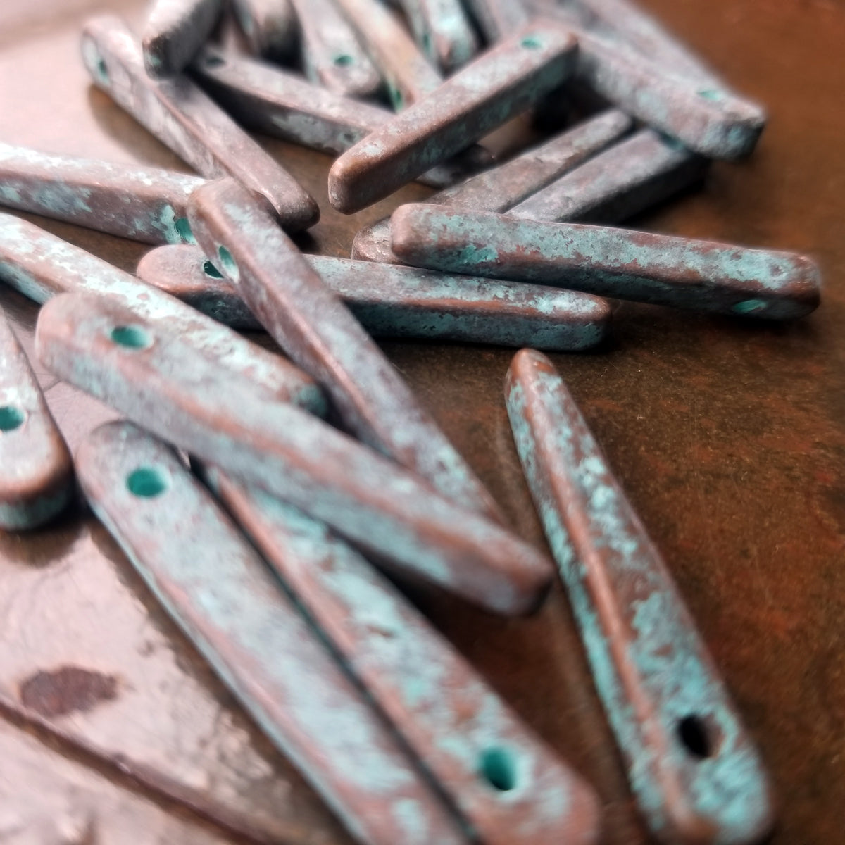 Spike Beads, 30mm x 5mm Mykonos Stick Beads, 4, 8 or 12 pieces, Verde Gris Green Rustic Patina Daggers, Bronze/Copper Jewelry Making Supply