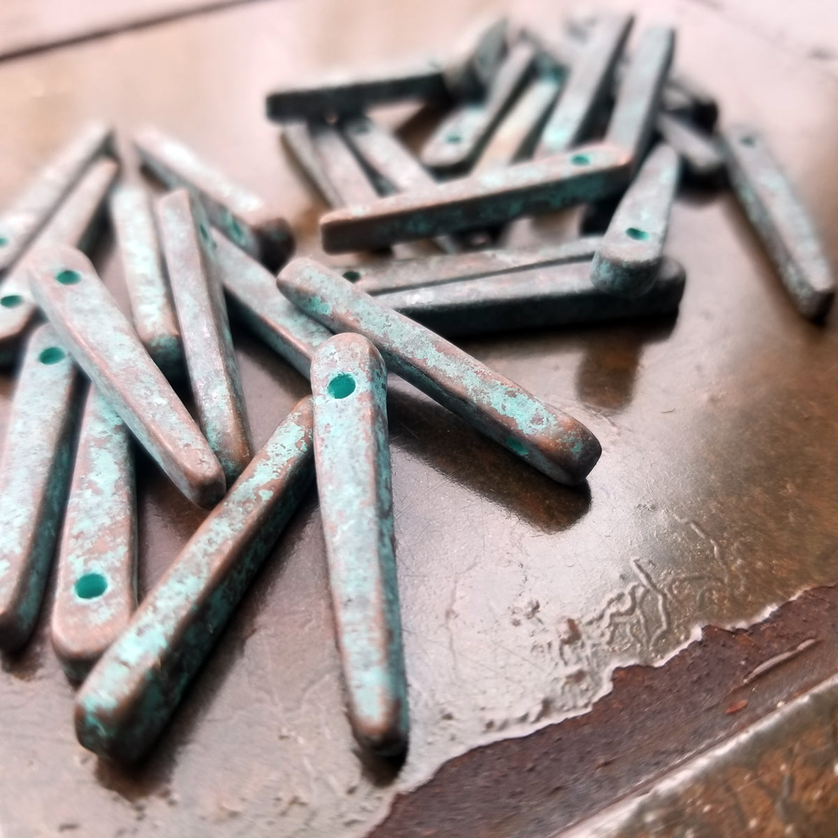 Spike Beads, 30mm x 5mm Mykonos Stick Beads, 4, 8 or 12 pieces, Verde Gris Green Rustic Patina Daggers, Bronze/Copper Jewelry Making Supply