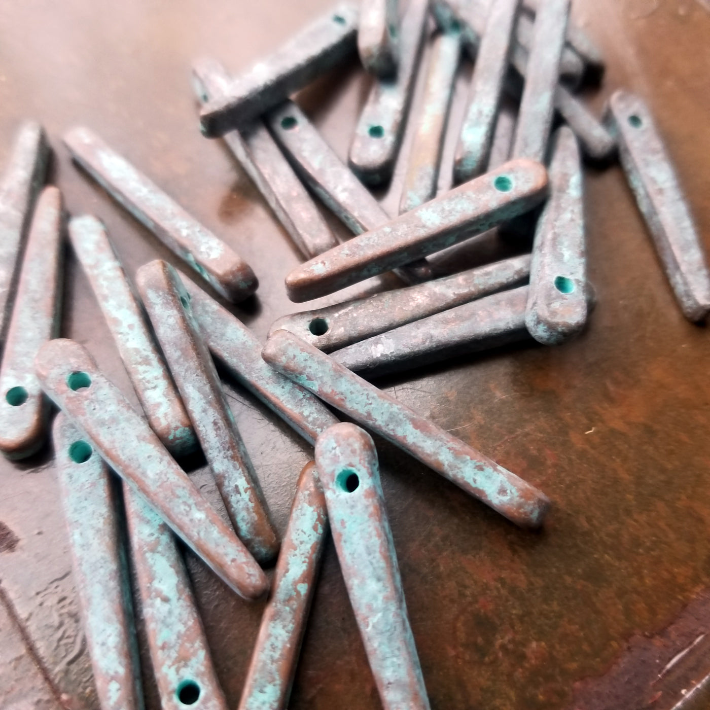 Spike Beads, 30mm x 5mm Mykonos Stick Beads, 4, 8 or 12 pieces, Verde Gris Green Rustic Patina Daggers, Bronze/Copper Jewelry Making Supply