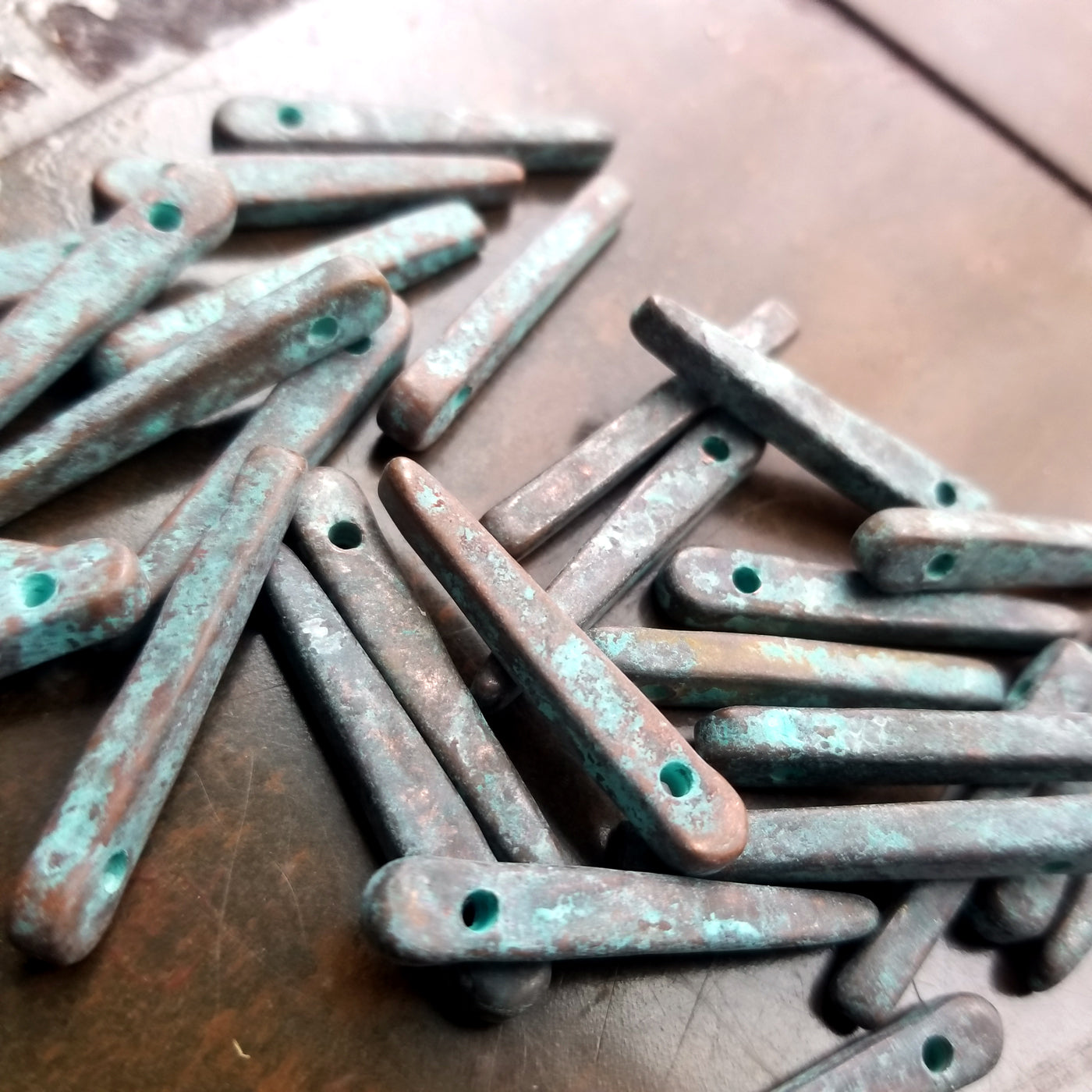 Spike Beads, 30mm x 5mm Mykonos Stick Beads, 4, 8 or 12 pieces, Verde Gris Green Rustic Patina Daggers, Bronze/Copper Jewelry Making Supply