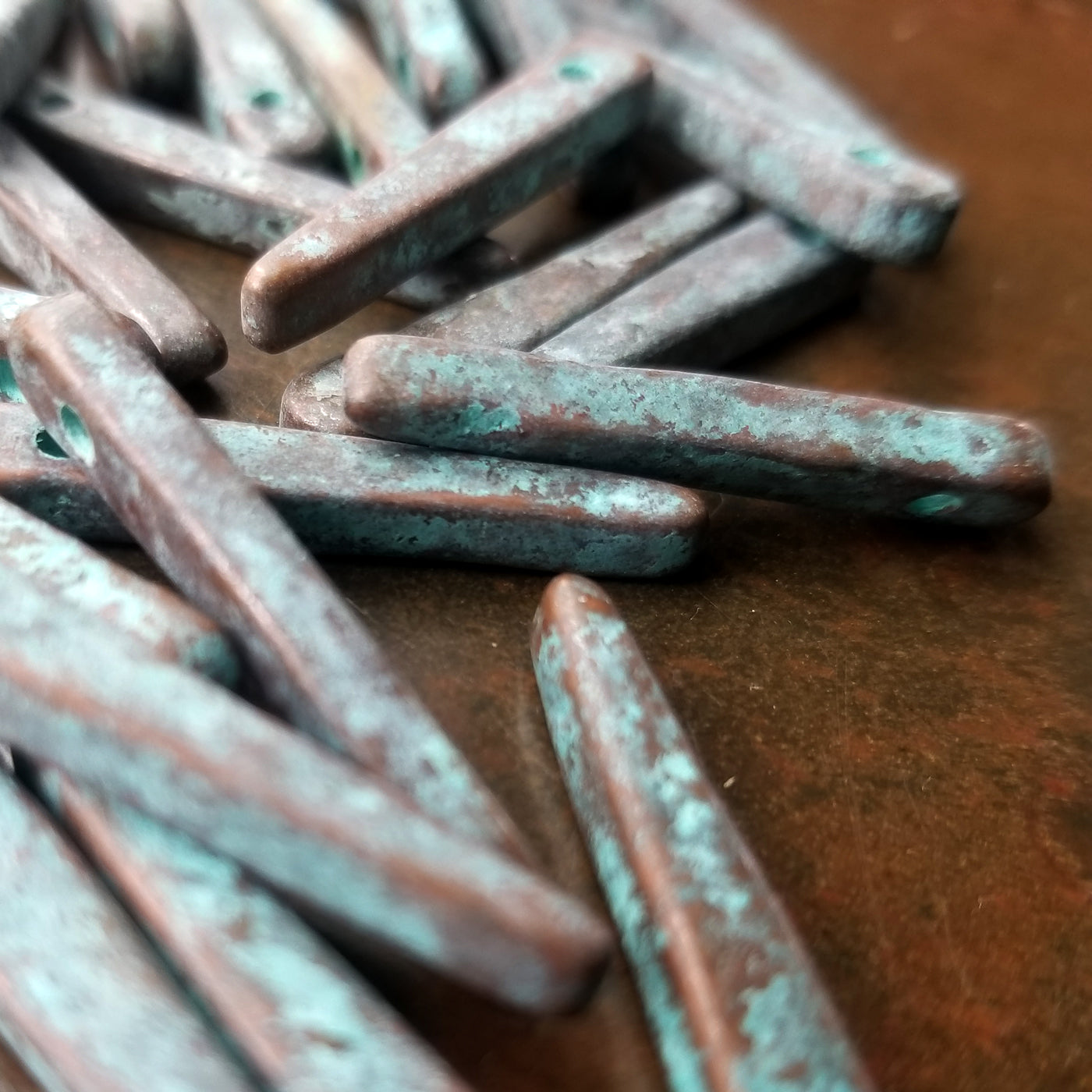 Spike Beads, 30mm x 5mm Mykonos Stick Beads, 4, 8 or 12 pieces, Verde Gris Green Rustic Patina Daggers, Bronze/Copper Jewelry Making Supply