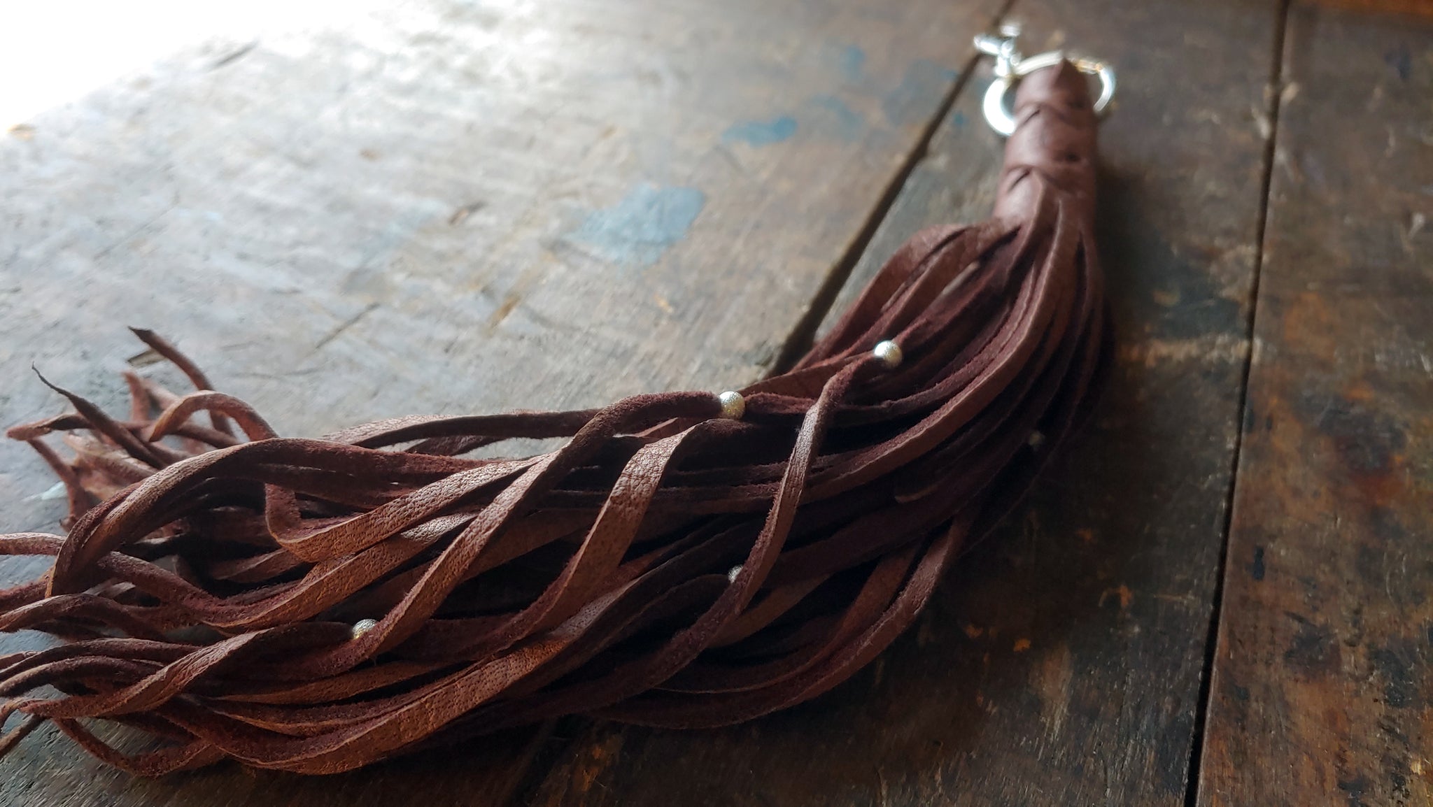 Nala Leather Tassel Key Chain in mahogany deerskin with silver beads and clip