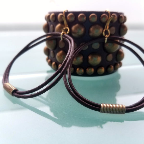 Oki and Midas Leather Earring and Bracelet Set; African Coil Bead Leather Cord Earrings, Wide Leather Studded Cuff in Chocolate Brown and Antique Brass