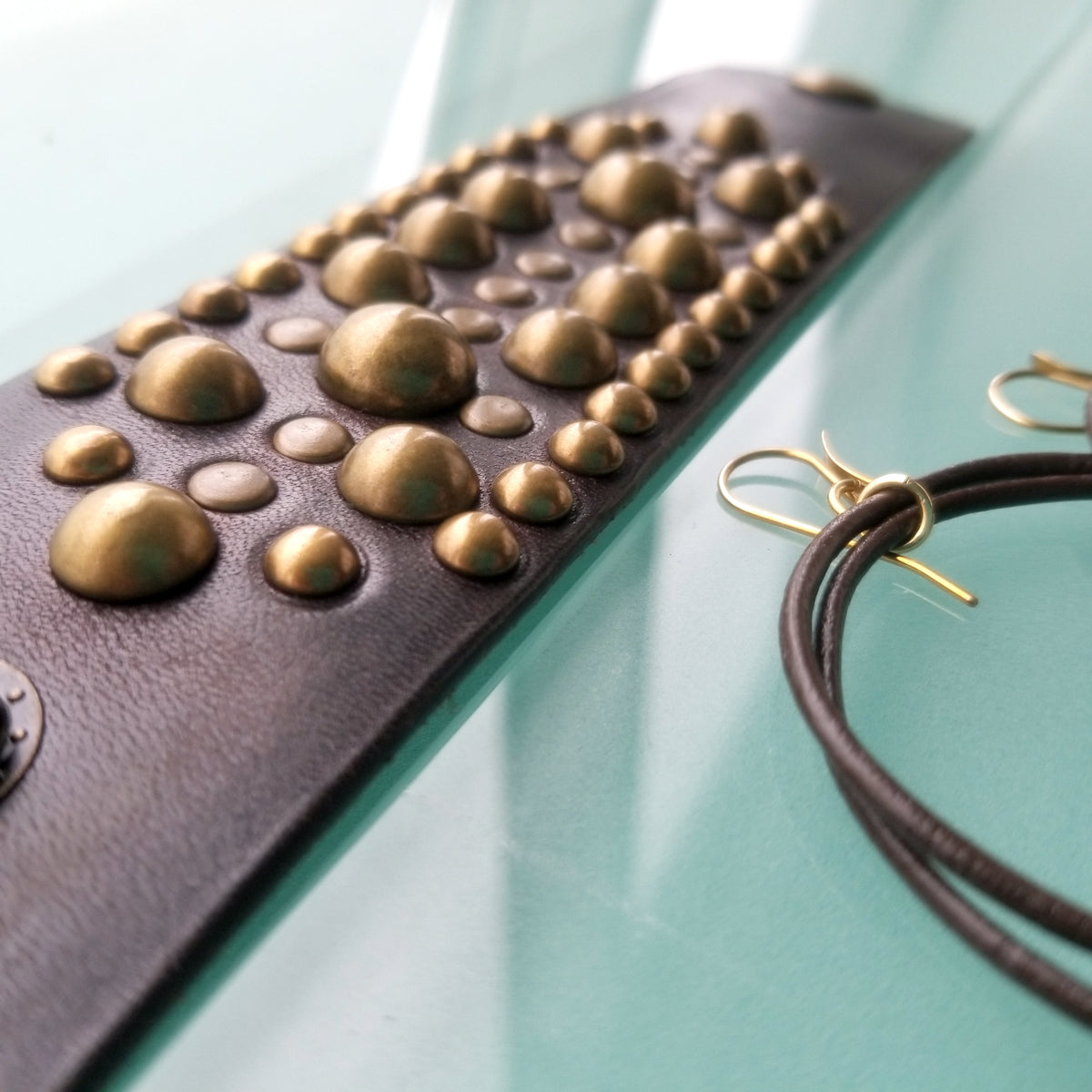 Midas Leather Wide Leather Studded Cuff in Chocolate Brown and Antique Brass