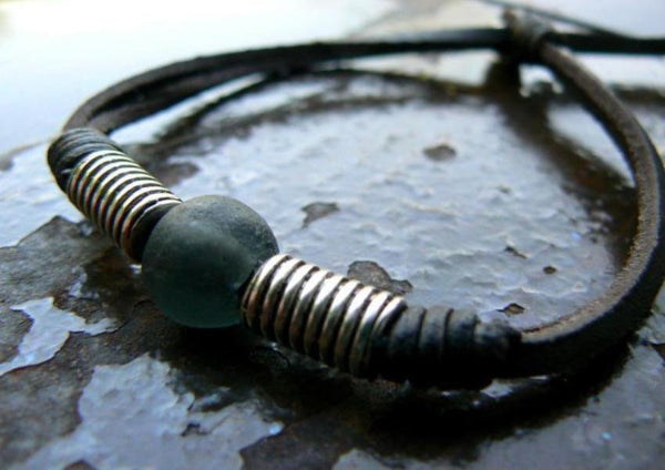 Charcoal African glass bead adjustable leather bracelet