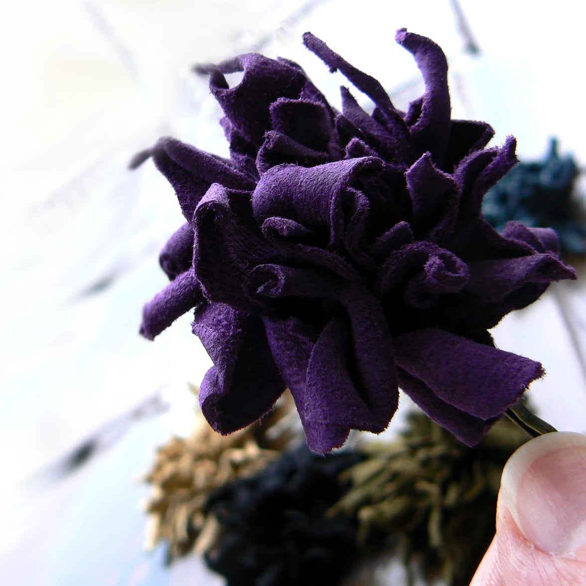 purple suede flower hair pin