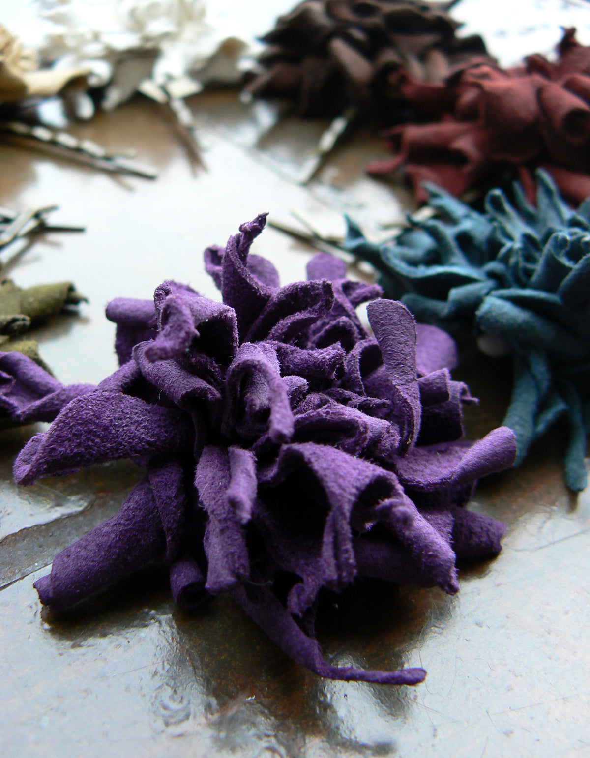 Abeba Leather Flower Bobby Pins Hair Pins, purple and other colors
