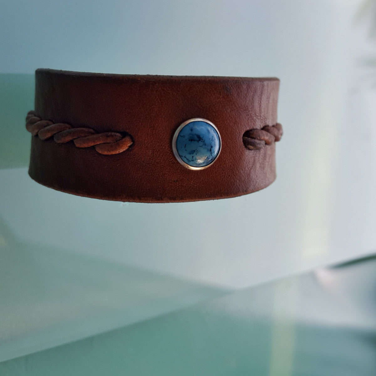 Turquoise Leather Bracelet | Wide Reyes Twist Braided Bracelet, men's women's unisex bracelet in the color tobacco  
