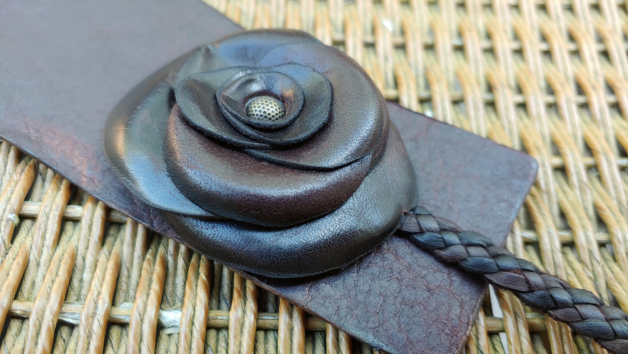 TENAYA Wrap Cuff; Leather Rose Flower on a Bison Leather Wedge Band w/ Deerskin Braided Ties