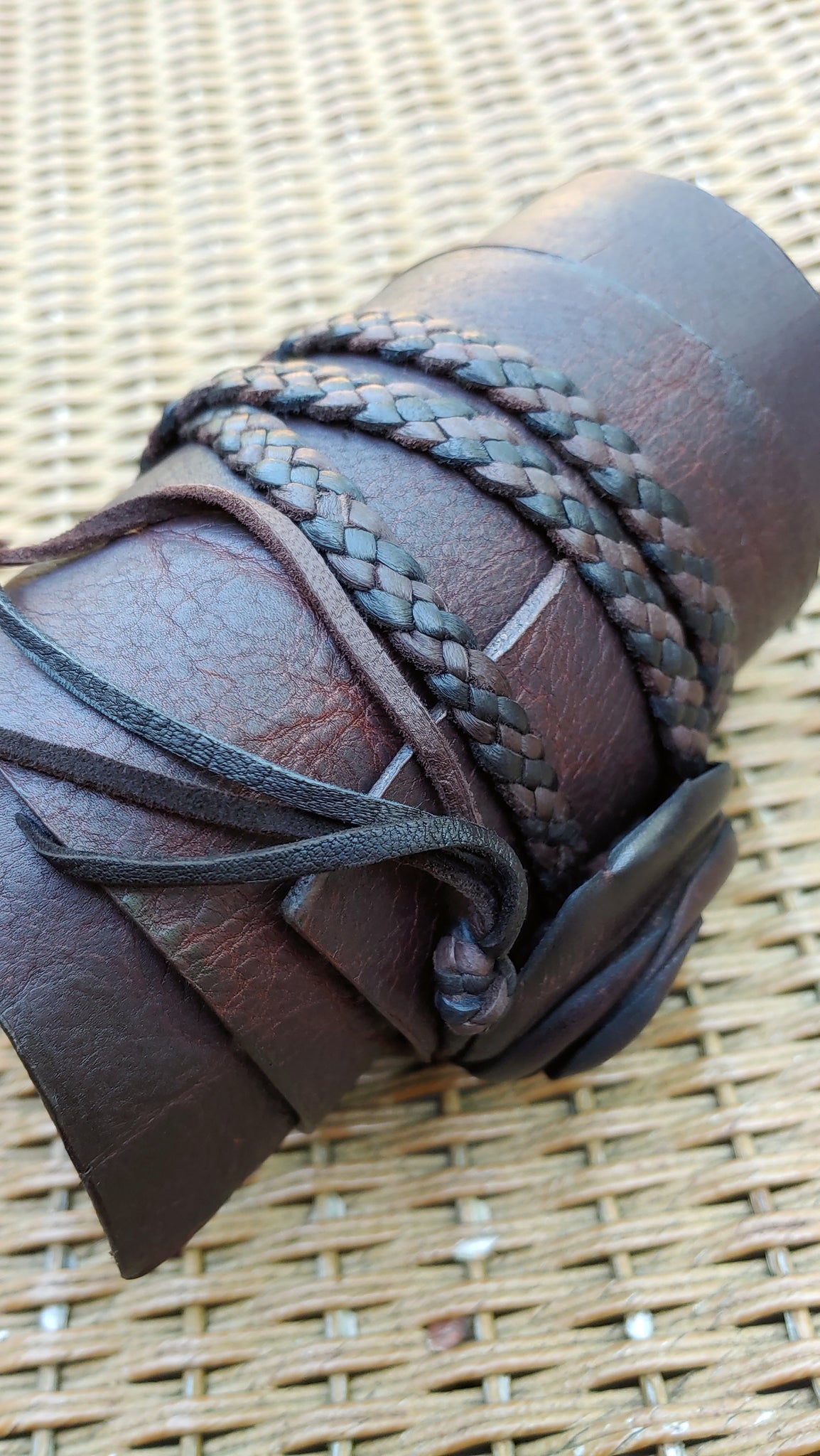 TENAYA Wrap Cuff; Leather Rose Flower on a Bison Leather Wedge Band w/ Deerskin Braided Ties