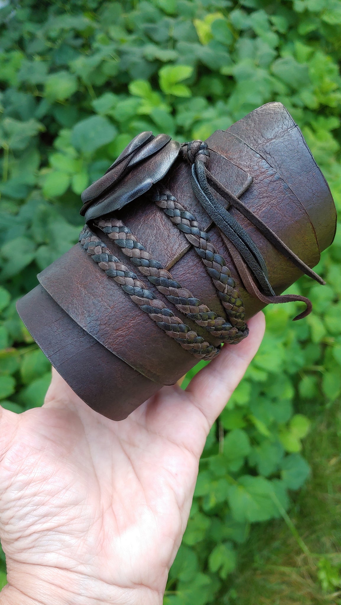 TENAYA Wrap Cuff; Leather Rose Flower on a Bison Leather Wedge Band w/ Deerskin Braided Ties