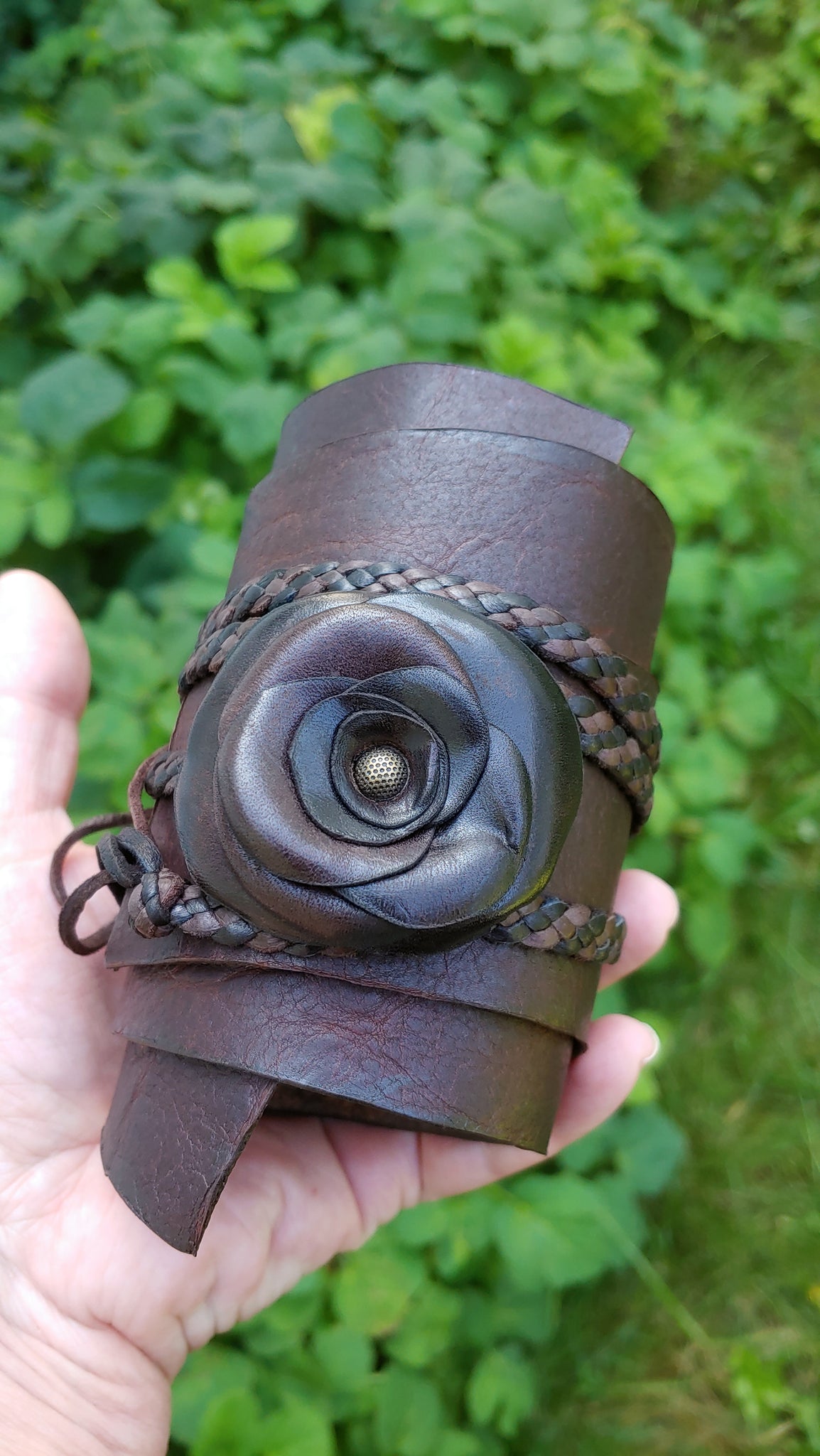 TENAYA Wrap Cuff; Leather Rose Flower on a Bison Leather Wedge Band w/ Deerskin Braided Ties