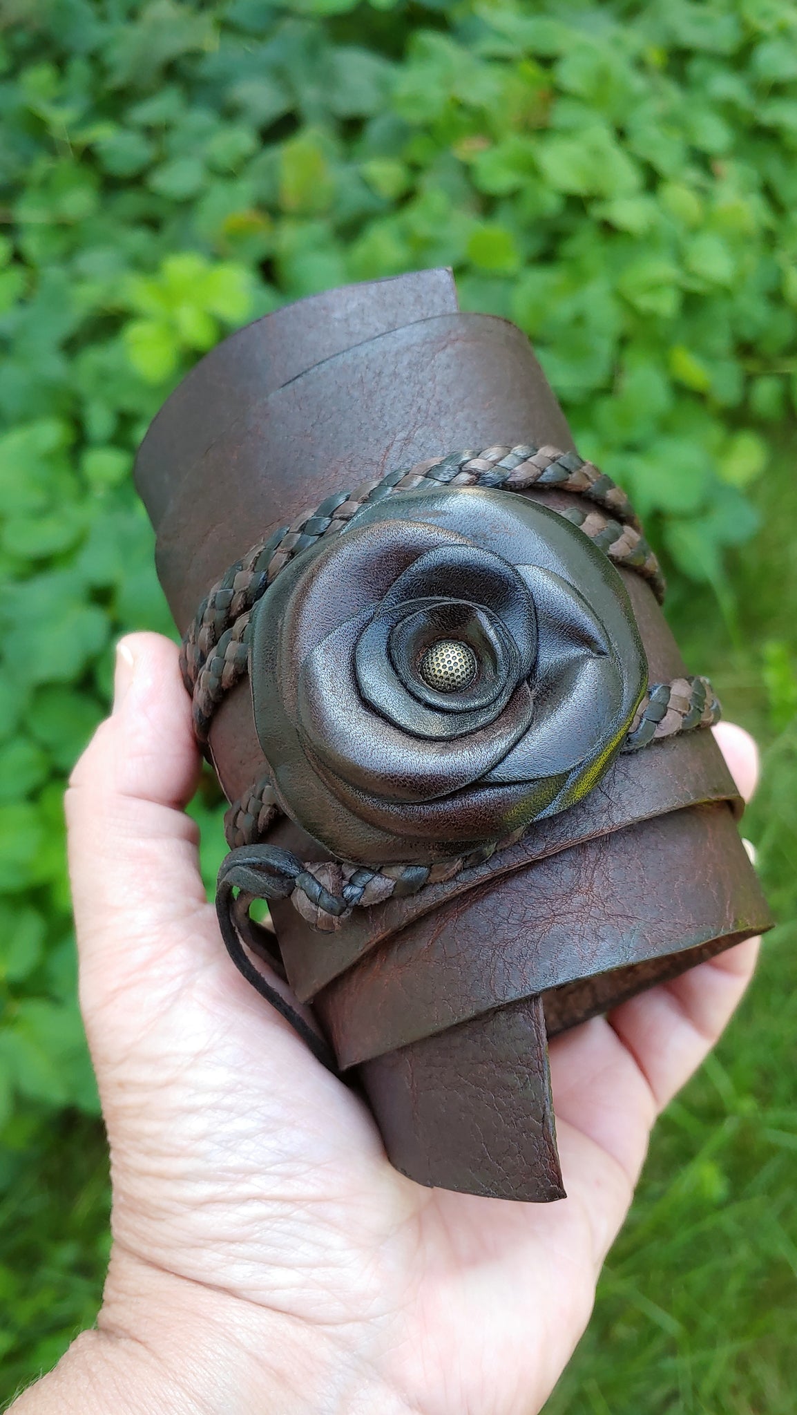 TENAYA Wrap Cuff; Leather Rose Flower on a Bison Leather Wedge Band w/ Deerskin Braided Ties