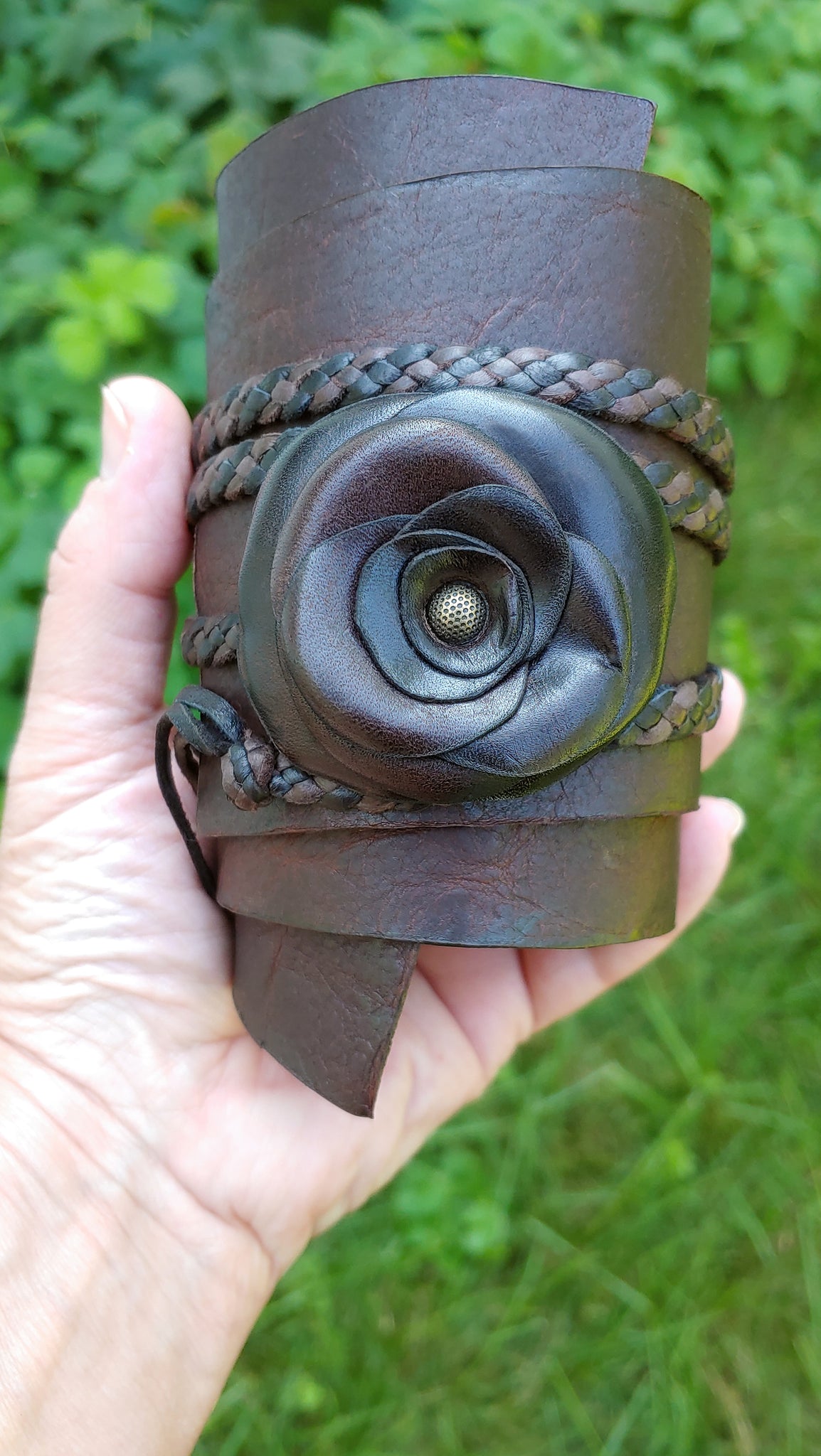 TENAYA Wrap Cuff; Leather Rose Flower on a Bison Leather Wedge Band w/ Deerskin Braided Ties