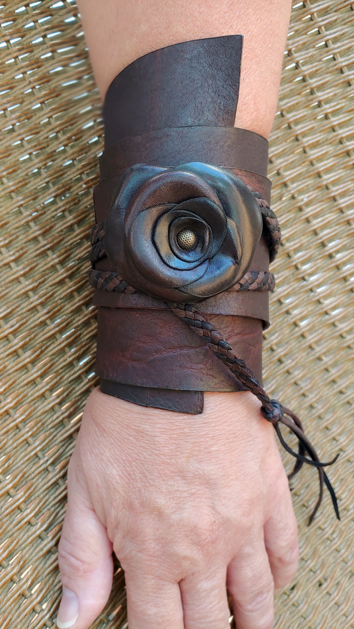 TENAYA Wrap Cuff; Leather Rose Flower on a Bison Leather Wedge Band w/ Deerskin Braided Ties