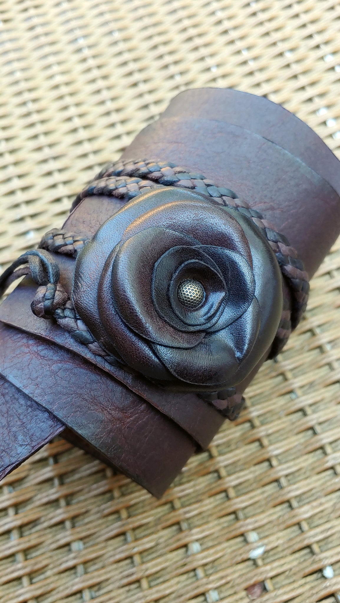 TENAYA Wrap Cuff; Leather Rose Flower on a Bison Leather Wedge Band w/ Deerskin Braided Ties