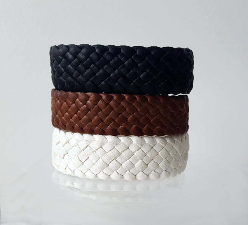 Sara Wide Braided Leather Snap Bracelet _ mahogany, black, mayonnaise