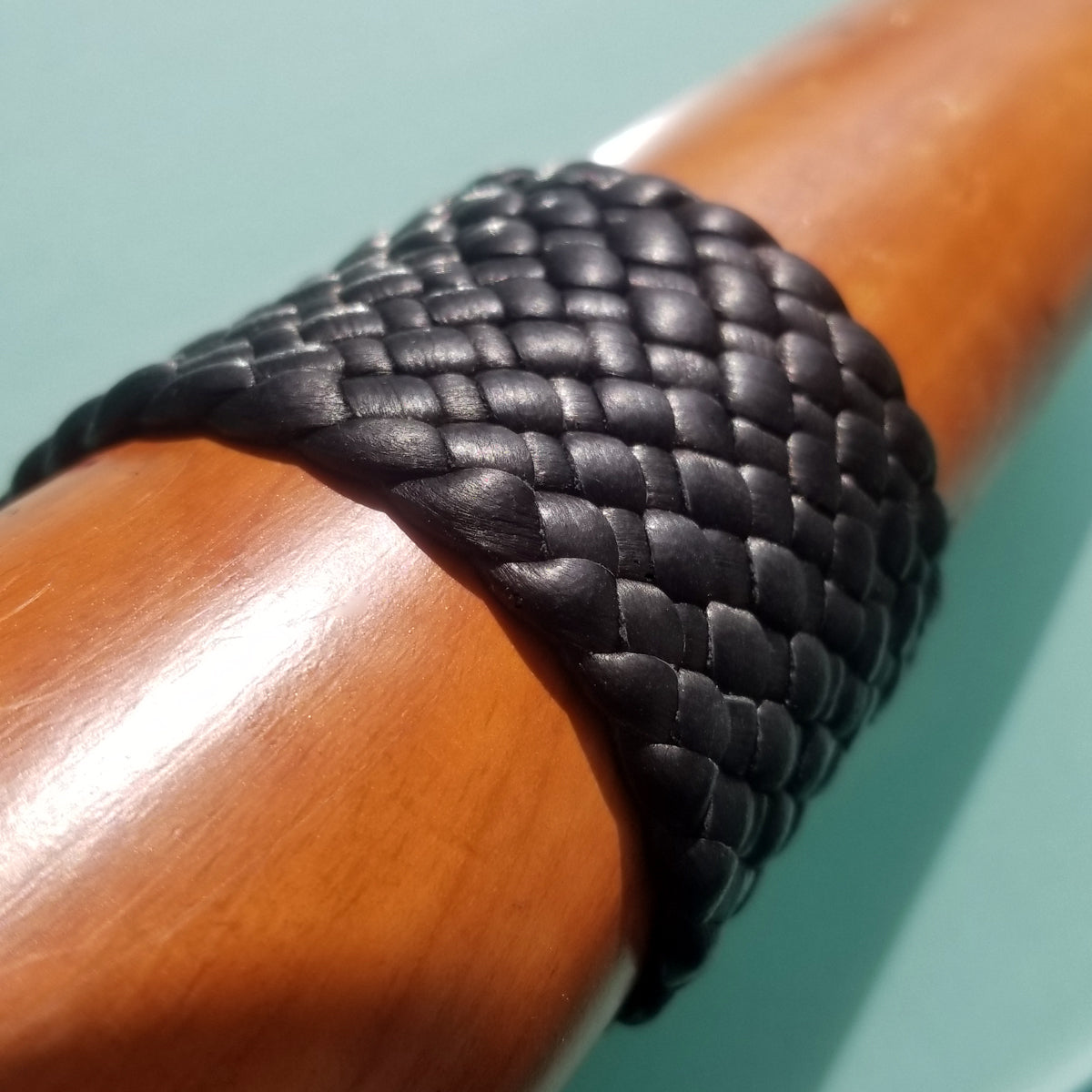 Shani Leather Bracelet, Wide Braided Leather Band Snap Cuff Bracelet, black close up