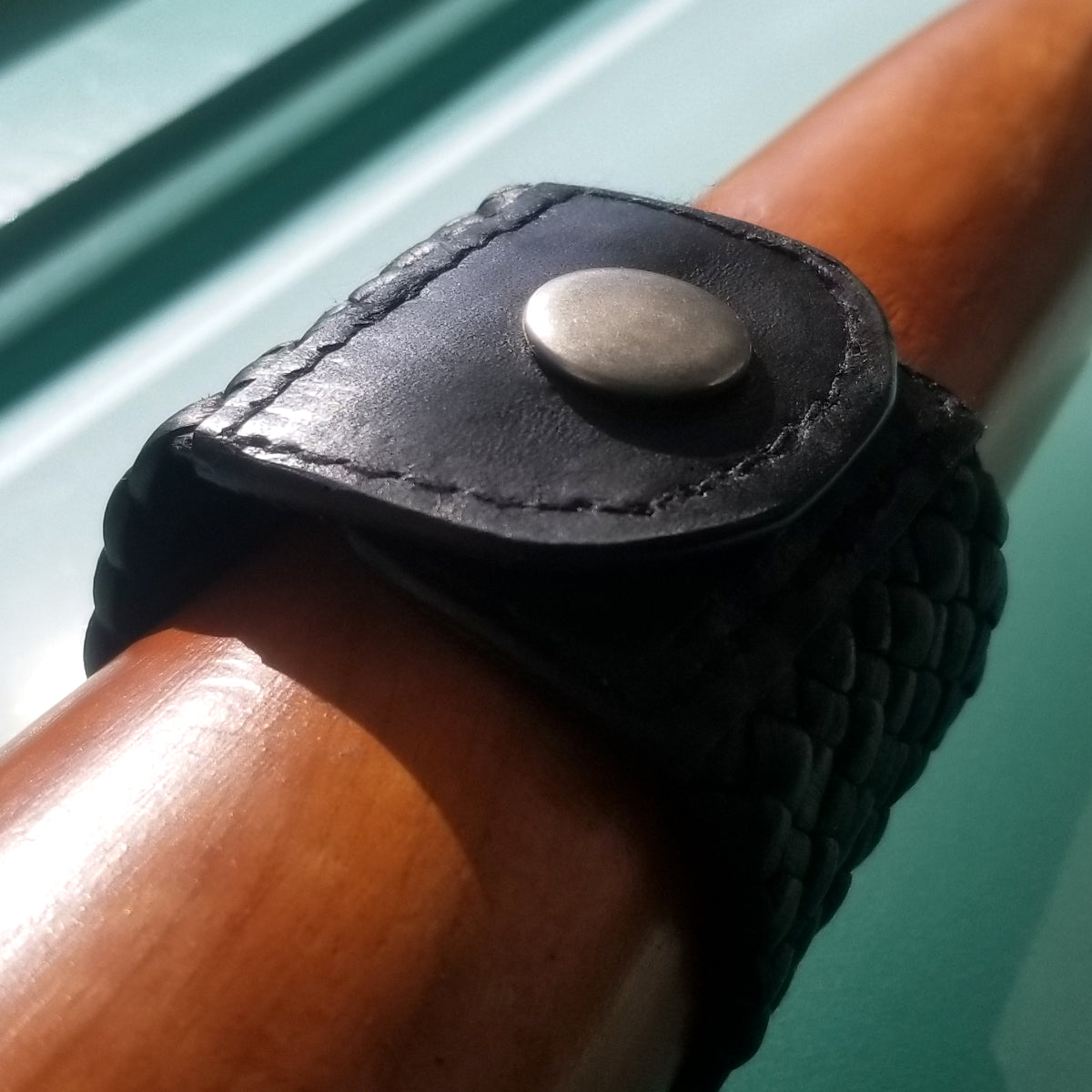 Braided Leather Band Snap Cuff Bracelet, black close up