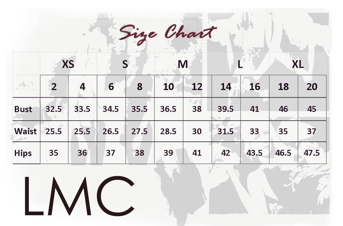 Size chart for lisa cantalupo clothing designs; alie suede leather halter top