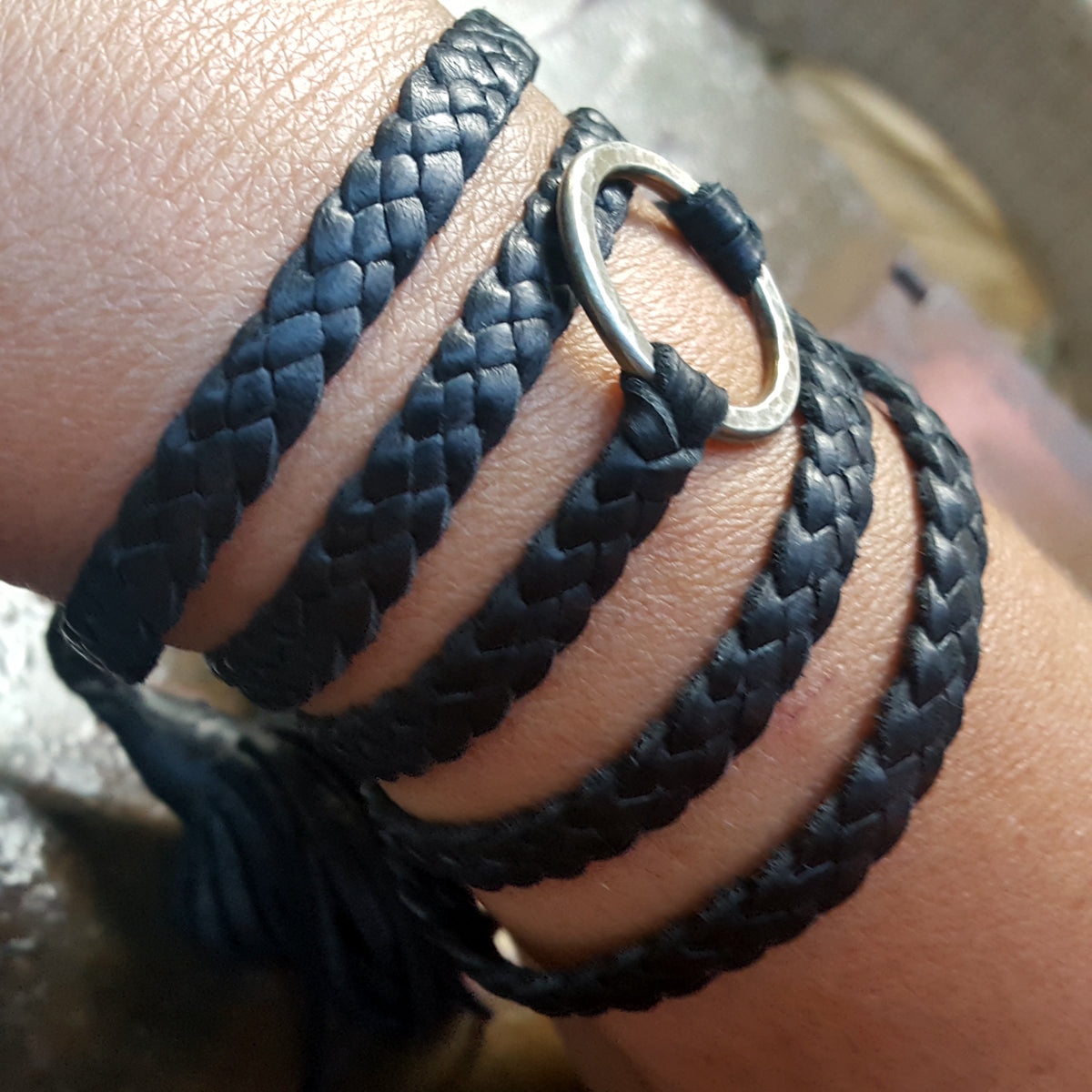 baided leather wrap bracelet with hammered ring