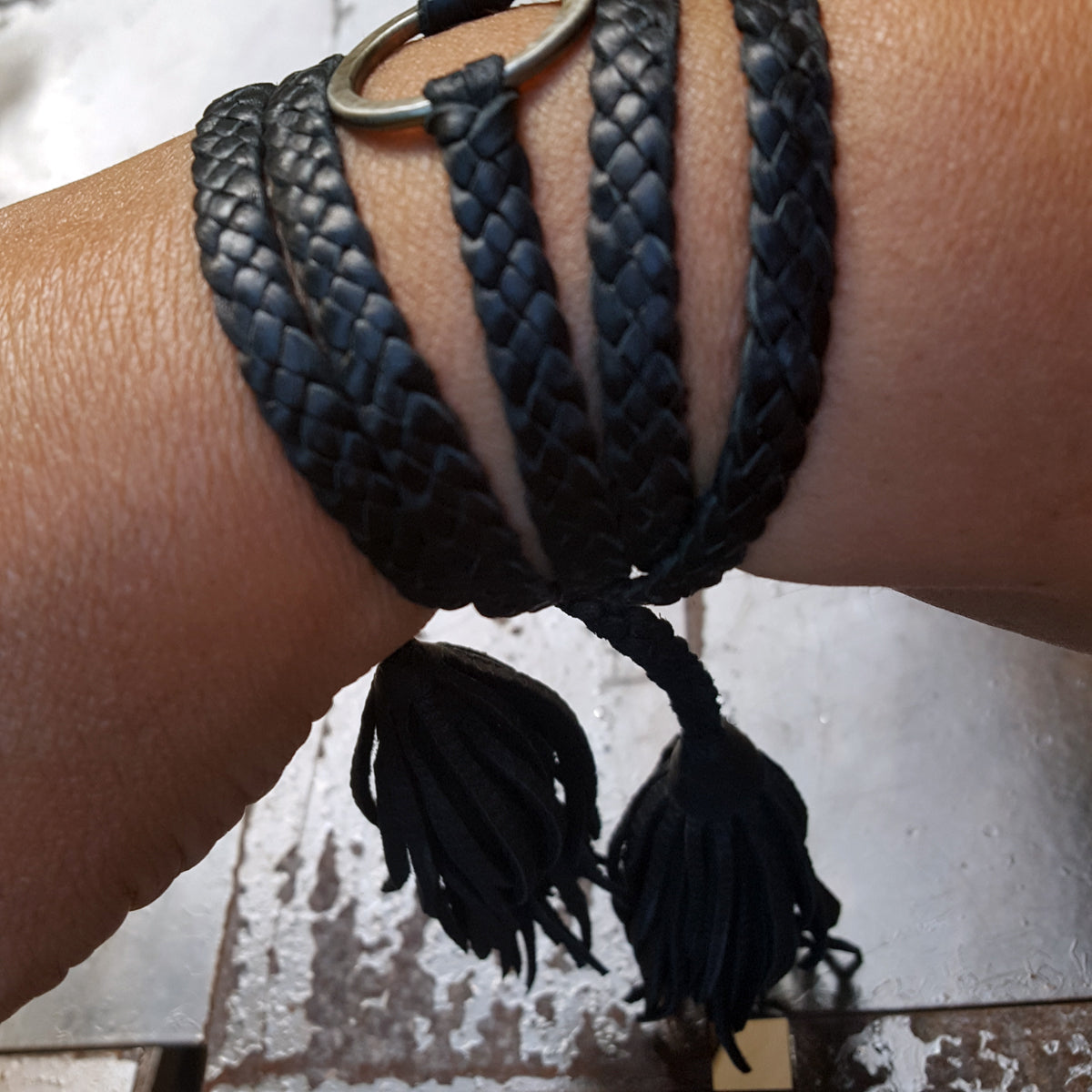 braided double wrap ring bracelet, black with antique silver ring