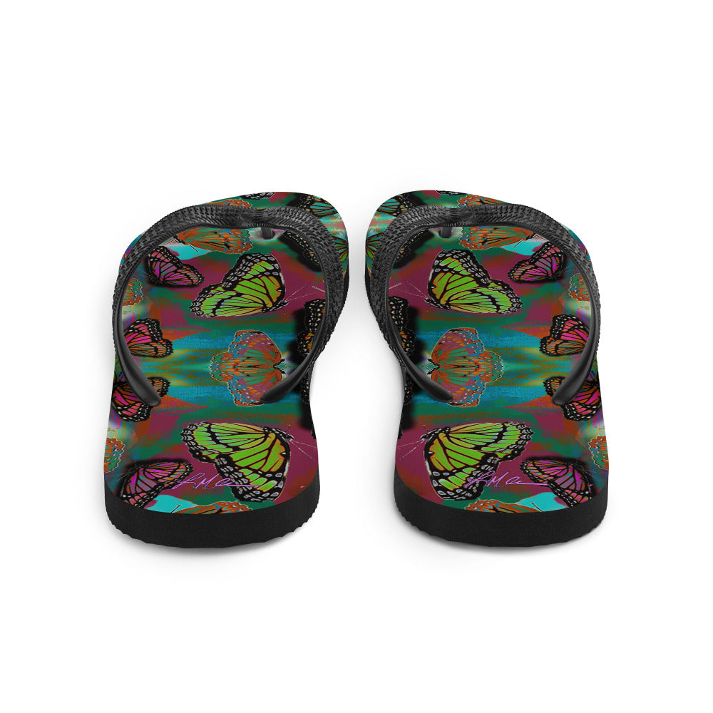 Butterfly Printed Flip-Flops, Beach Water Shoes w/ Colorful Butterflies, Black Soles and Straps, Women's Men's Rubber Sole Shower Slippers