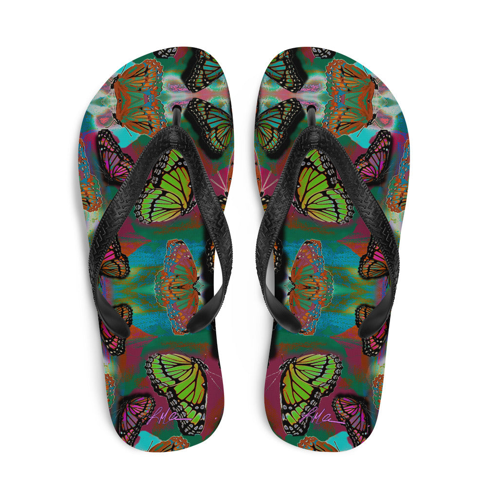 Butterfly Printed Flip-Flops, Beach Water Shoes w/ Colorful Butterflies, Black Soles and Straps, Women's Men's Rubber Sole Shower Slippers