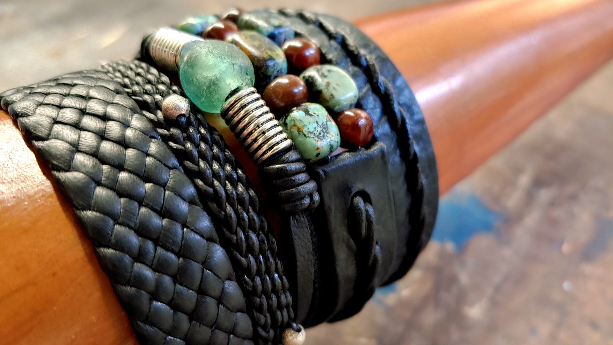 Tano - 5 leather bracelet set, African Turquoise, Red Carnelian, African Glass, Braided Leather, Beaded - All Black Leather Option