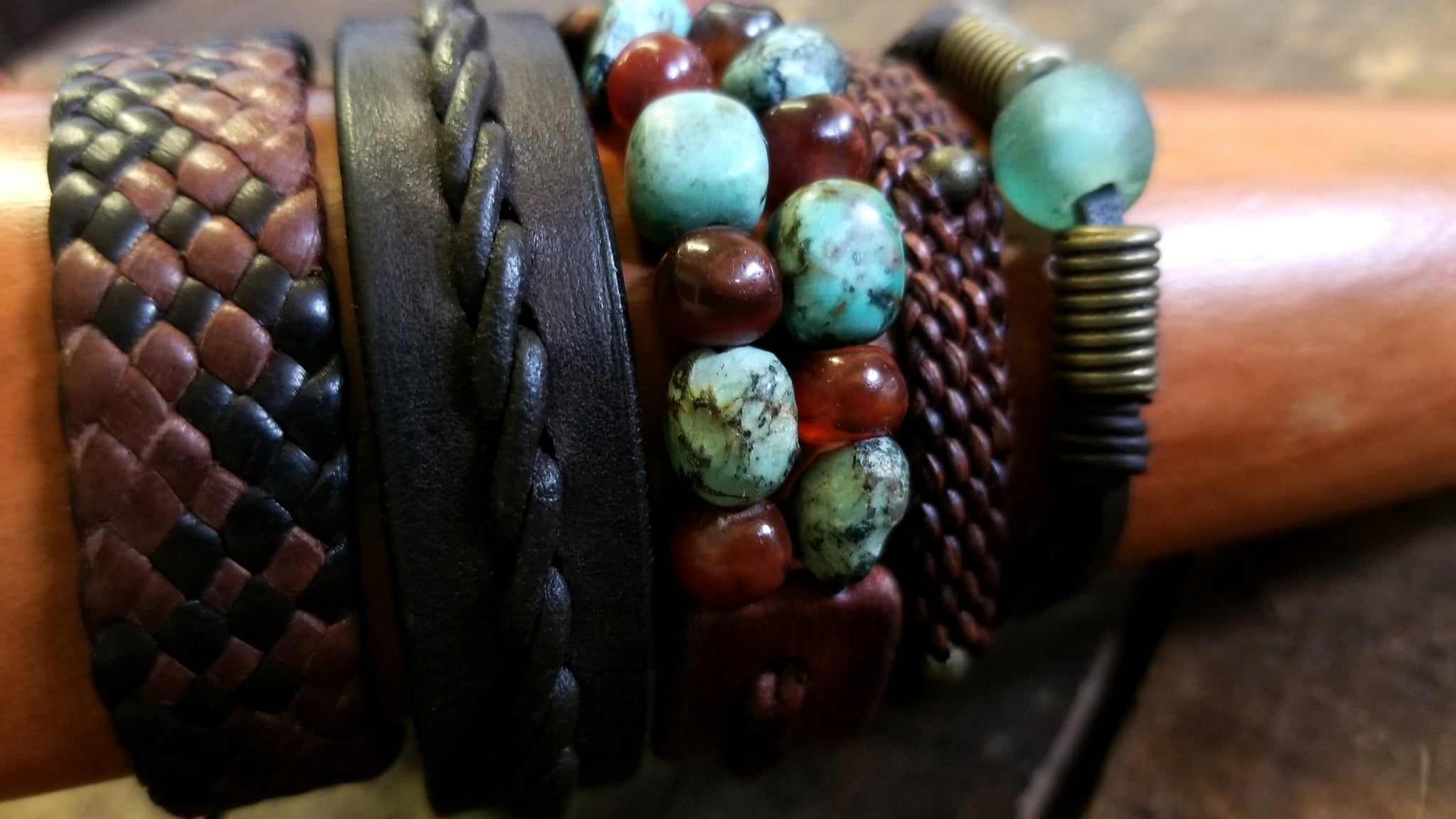 Tano - 5 leather bracelet set, African Turquoise, Red Carnelian, African Glass, Braided Leather, Beaded - Leather Mix Option