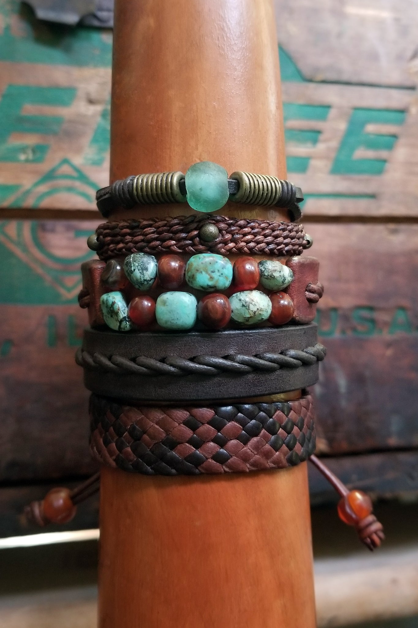 Tano - 5 leather bracelet stack, African Turquoise, Red Carnelian, African Glass, Braided Leather, Beaded - Leather Mix Option