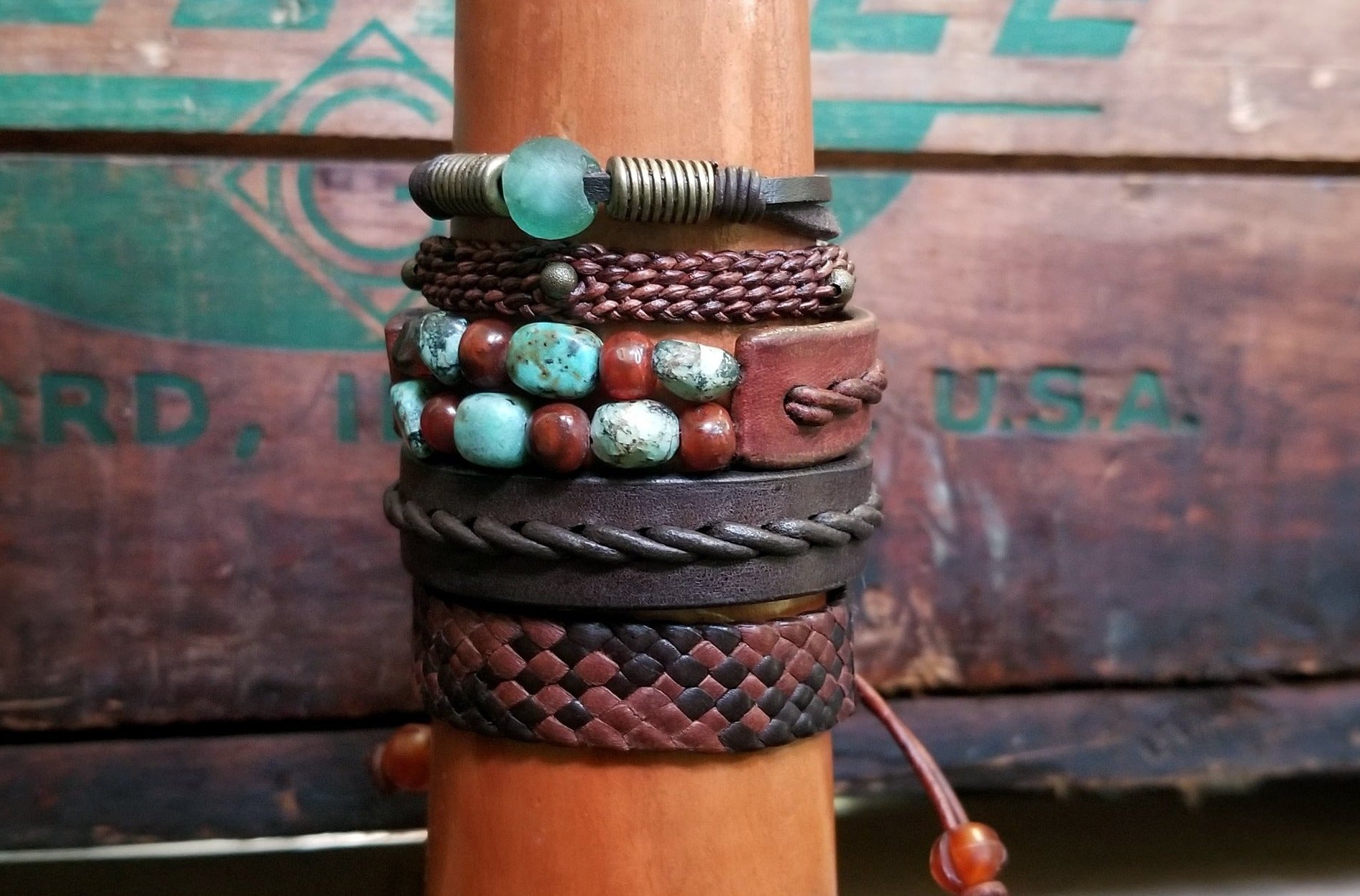 African Turquoise, Red Carnelian, African Glass, Braided Leather, Beaded Bracelet Set in Leather Mix option