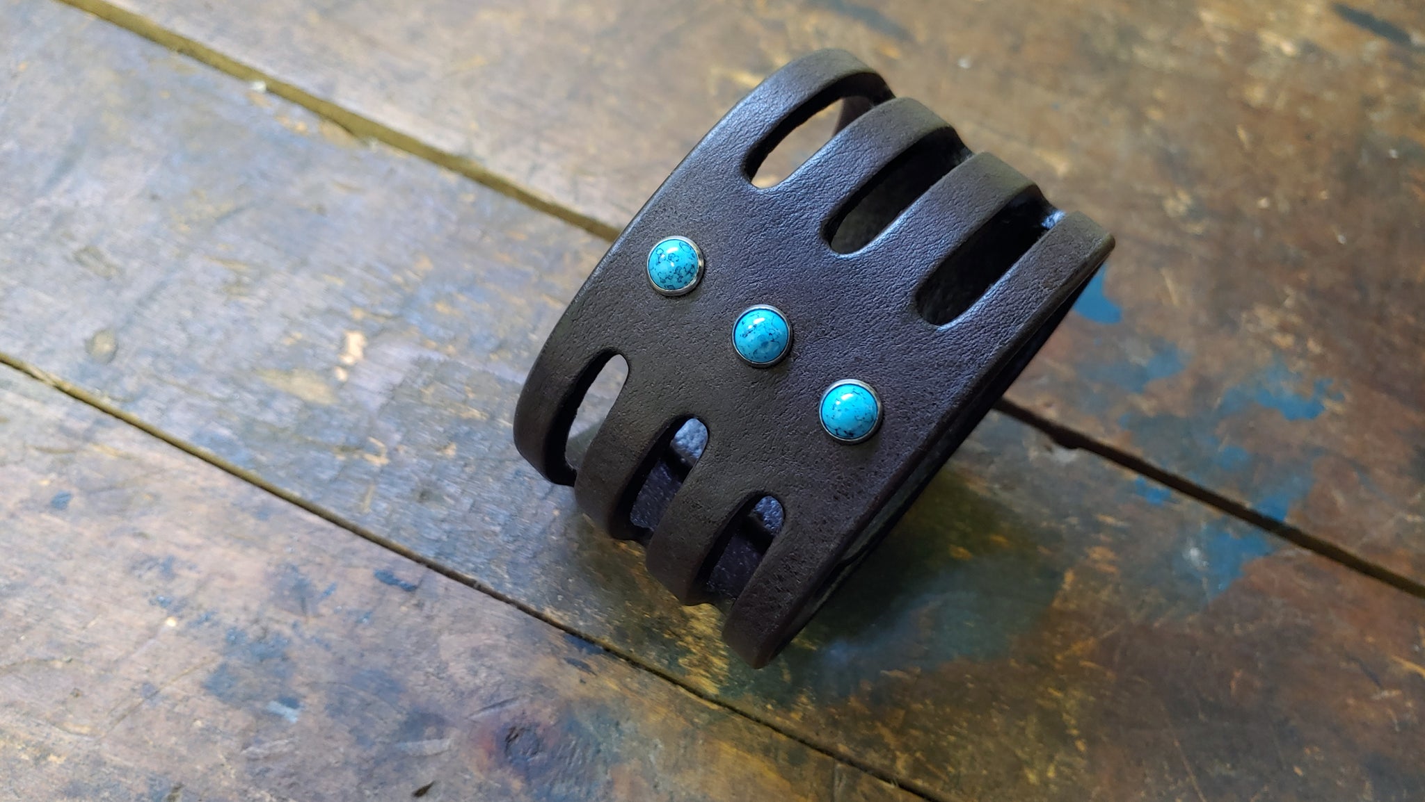 Trinity Leather Cuff, Brown Aztec Leather with turquoise rivets