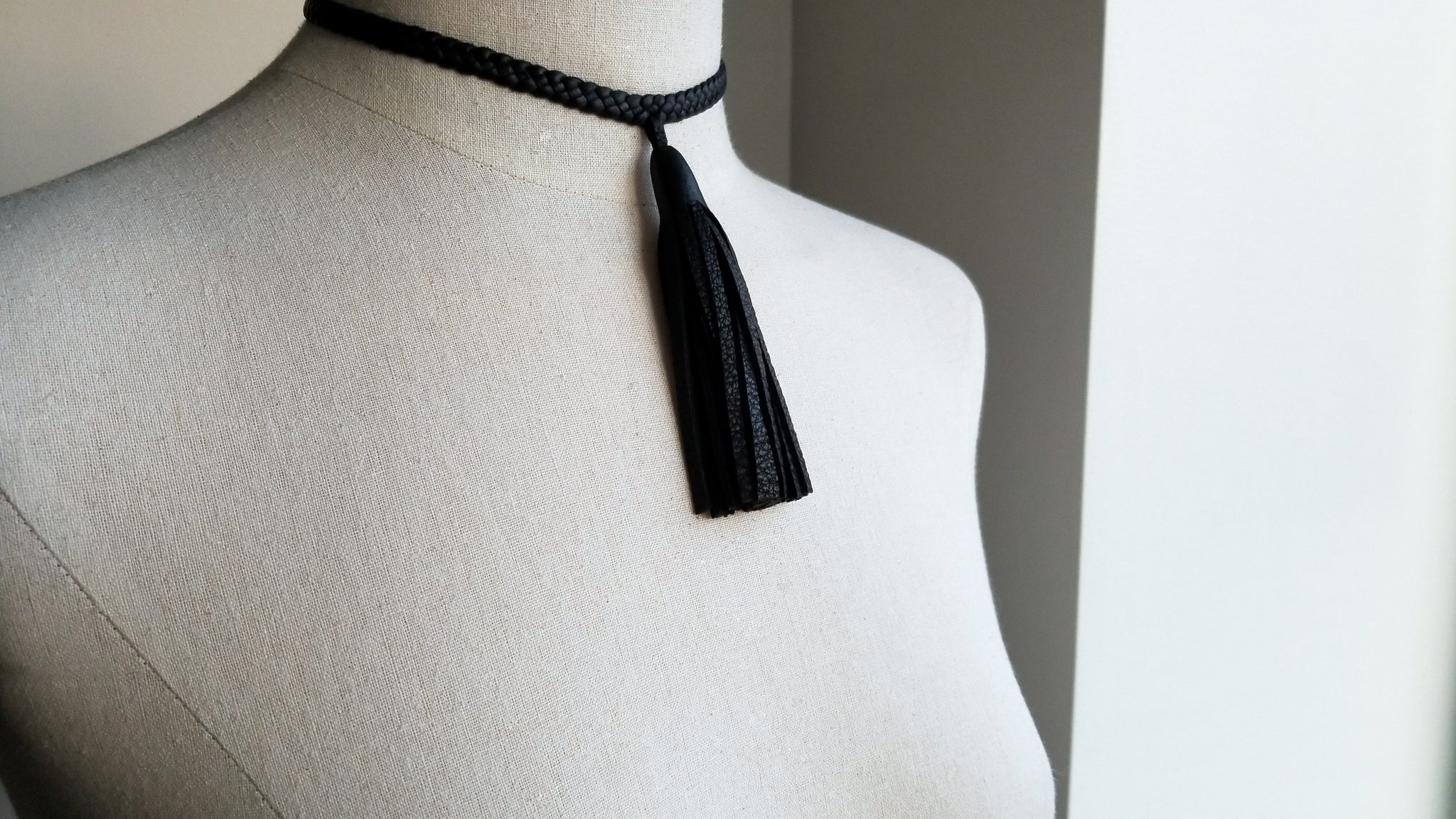 Tilu Leather Tassel Necklace front tassel, in black deerskin leather