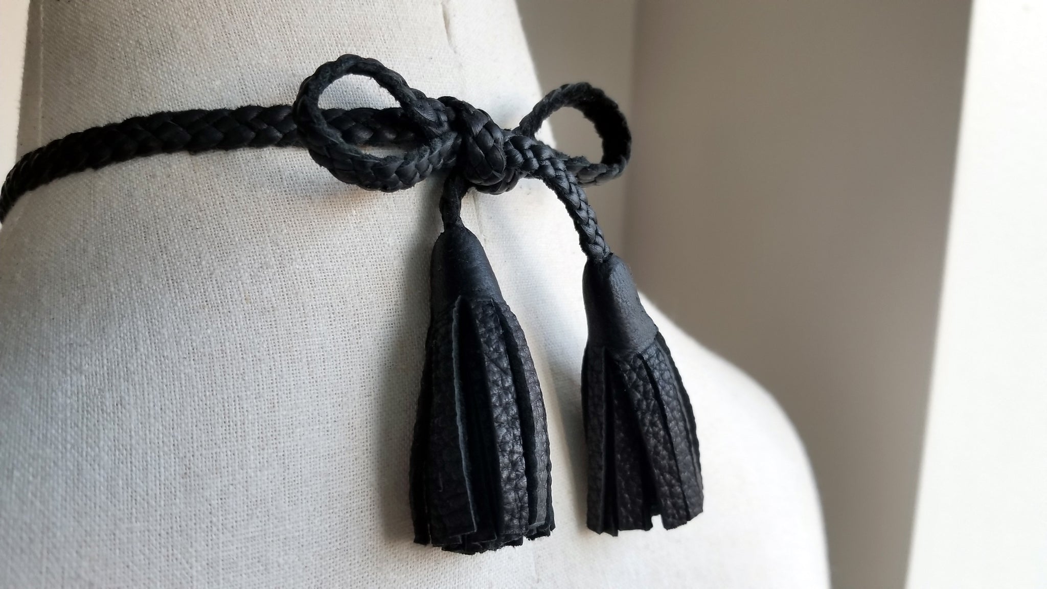 Tilu Leather Tassel Necklace back, bow and tassels, in black deerskin leather