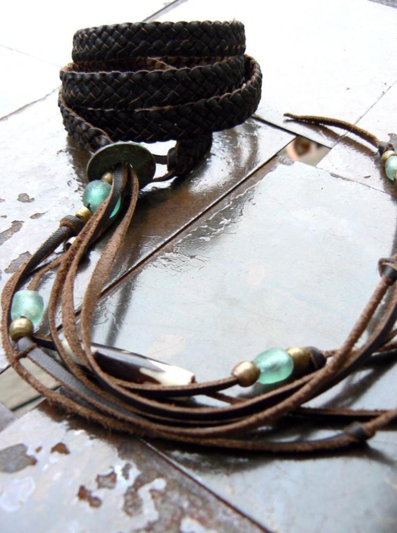 Adjustable Braided  Leather Wrap Bracelet, Zuna Aquamarine African Glass, Antique Brass, African Coin & Batik Bone Bead 