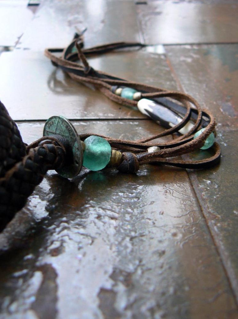 Zuna Aquamarine African Glass, Antique Brass, African Coin & Batik Bone Bead Adjustable Braided Kangaroo Leather Wrap Bracelet
