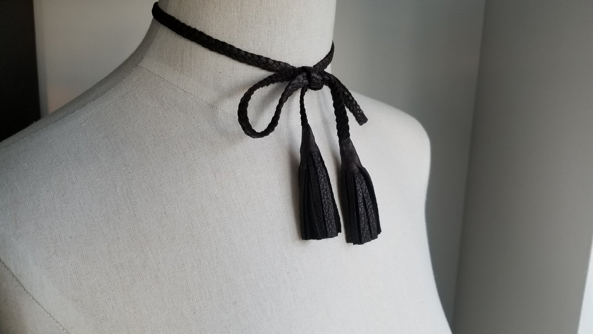 Dua Braided Leather Tassel Necklace, bow and tassels, in chocolate brown deerskin leather